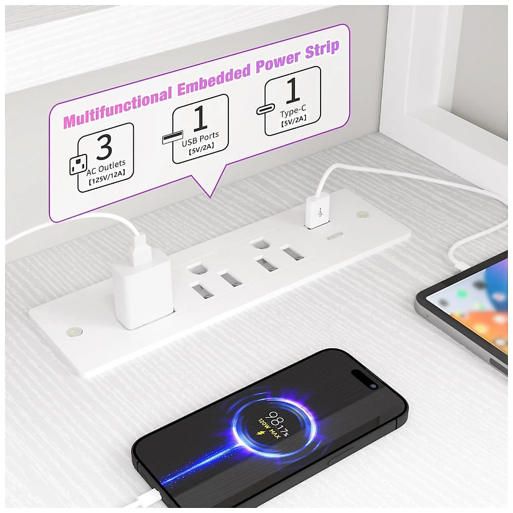 Mesa Gamer em L EnHomee 160 cm com Luzes LED e Tomadas Elétricas, Design Reversível com Prateleiras de Armazenamento e Ganchos, Suporte para Monitor