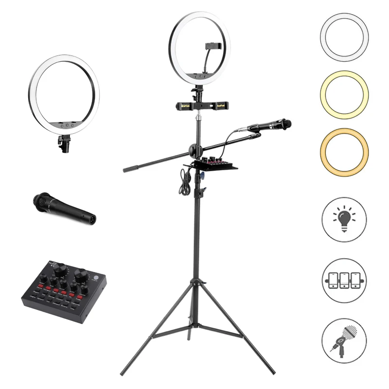 Kit Gravação NiceFoto LR501 LiveStreaming Ring Light 30cm + Microfone, Mixer e Tripé 2M para Smartphone