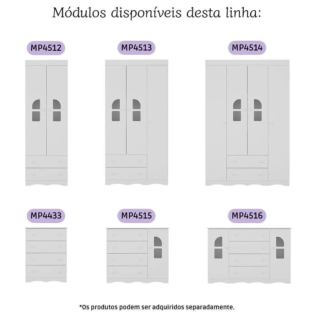 Conjunto de Quarto Liz com Berço 3 em 1 Guarda Roupa Cômoda 6 Gavetas 4 Portas MDP-MDF Branco