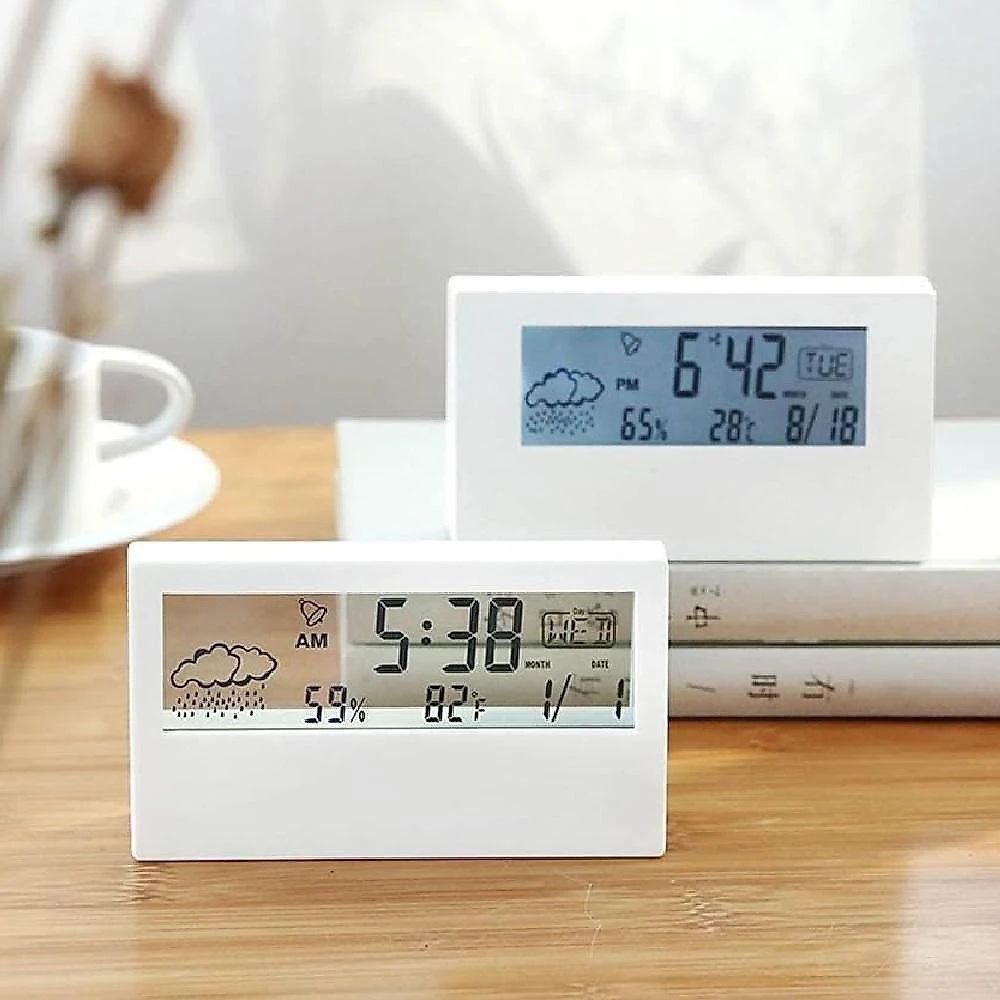 Relógio de Mesa Despertador Digital LCD Sensor Clima Temperatura Branco