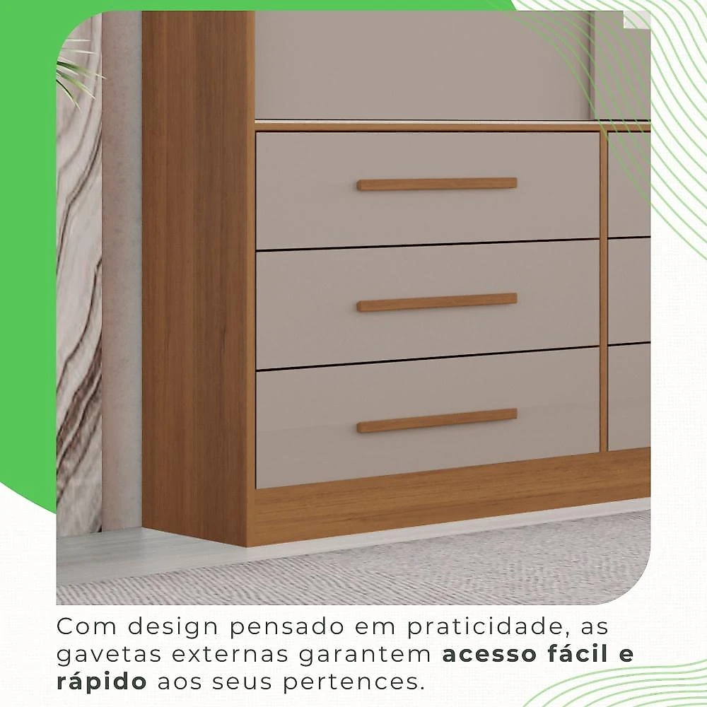 Guarda Roupa Casal 3 Portas 9 Gavetas com Espelho Luana Sallêto Móveis Cinamomo/Off-White