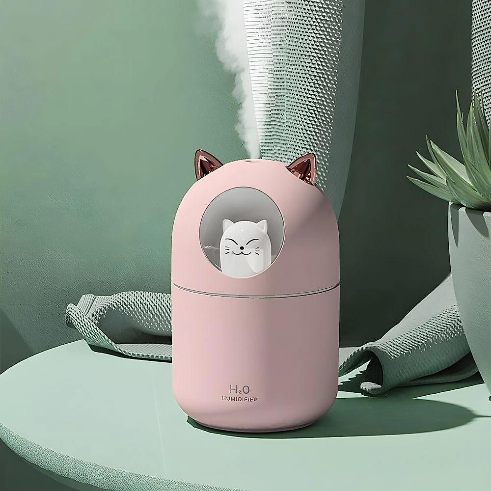 Umidificador de Ar Umidificador Gatinho Luz RGB Utimix 300ml com Aromaterapia Branco e Rosa Bivolt