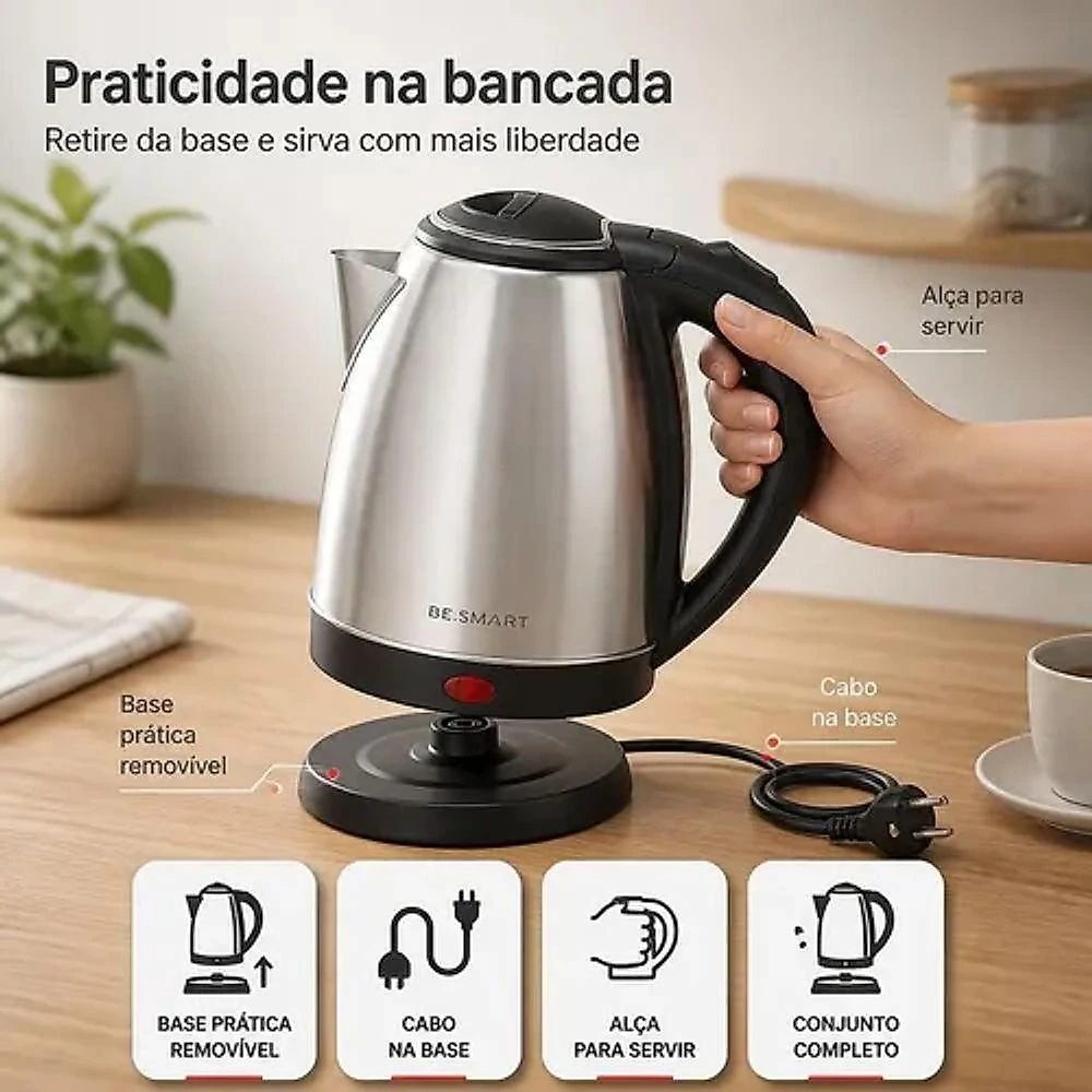 Chaleira Elétrica Be Smart Be Smart 1,8L Aço Inox 220V com Desligamento Automático e Base Rotativa