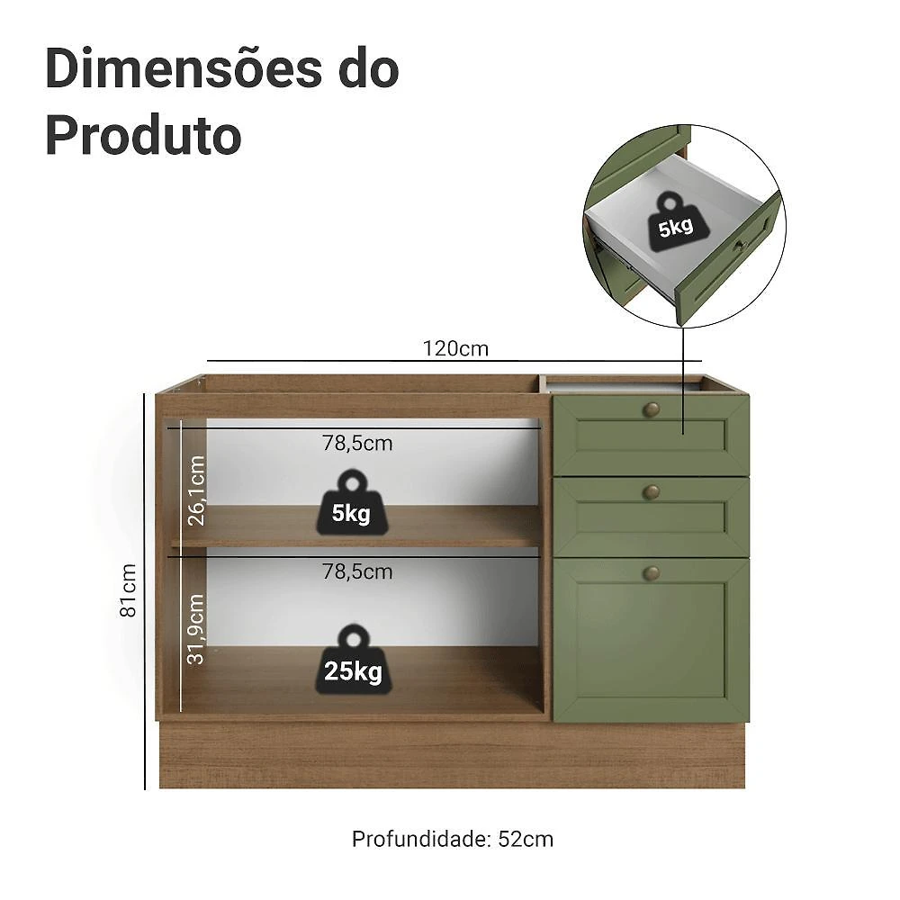 Balcão de pia 120 cm 2 portas 3 gavetas (sem tampo) rustic/verde vik madesa