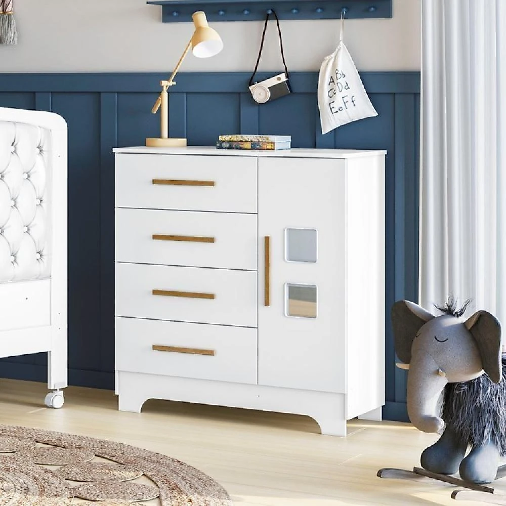 Quarto de Bebê com Berço Mini Cama 100% Mdf com Colchão Life e Cômoda 4 Gavetas 1 Porta Fly 100% Mdf Branco