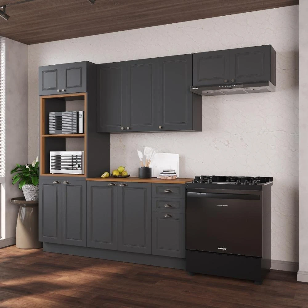Cozinha Compacta Modulada Nara 12 Portas 2 Gavetas MDF 270CM Chumbo Fidelita Móveis