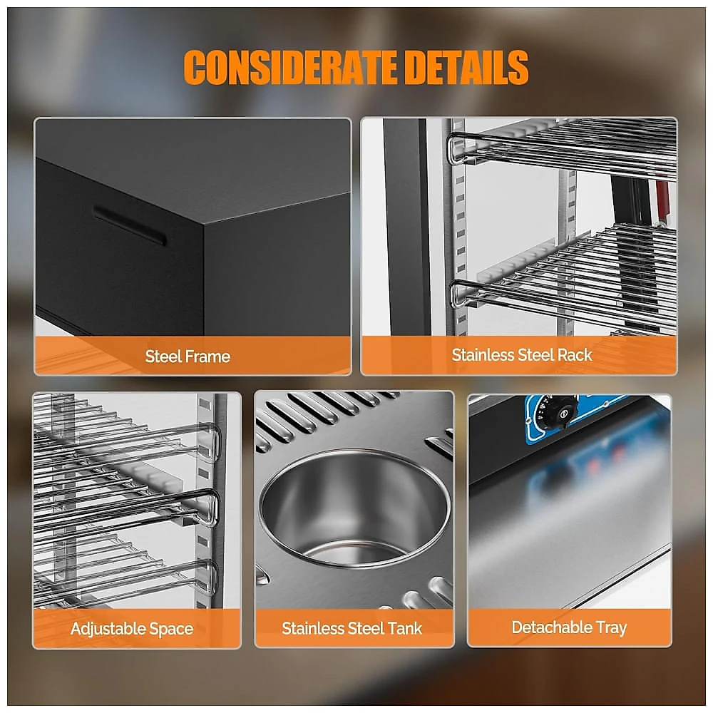 Expositor Aquecedor de Alimentos ROVSUN Preto 3 Níveis 89 cm com Prateleiras Ajustáveis Removíveis LED e Portas de Vidro, 110V.