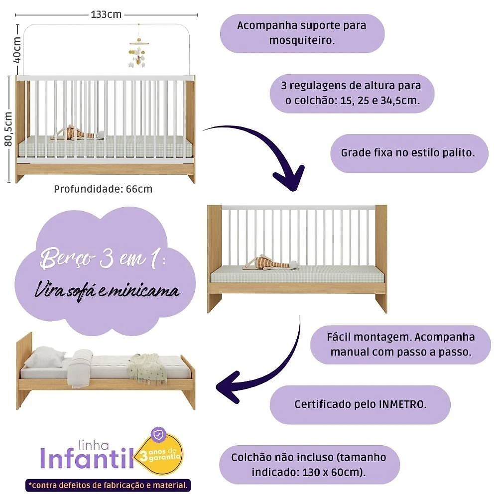 Quarto De Bebê Completo Berço 3 Em 1 Para Colchão 130x60cm Liz Multimóveis MP4559 Madeirado-branco
