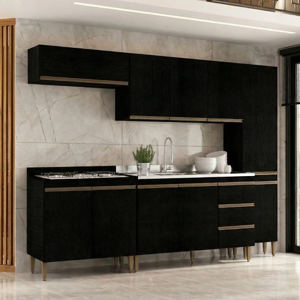 Armário de Cozinha Milão 5 Módulos 5 Portas 2 Gavetas MDF 240CM Preto Menu Móveis
