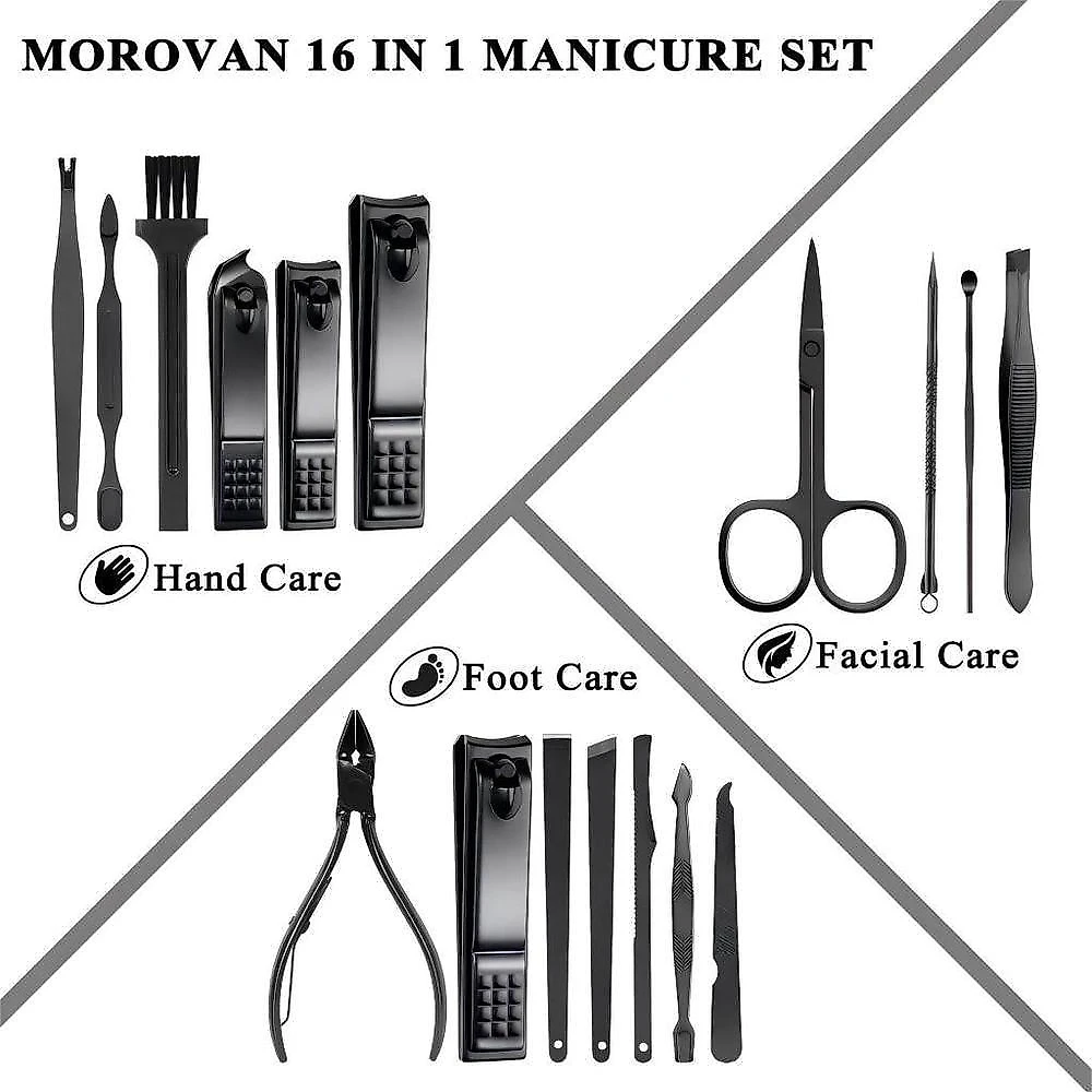 Kit para Manicure e Pedicure 16 Peças em Aço Inoxidável com Estojo Tecido Couro PU Azul Cinza Preto