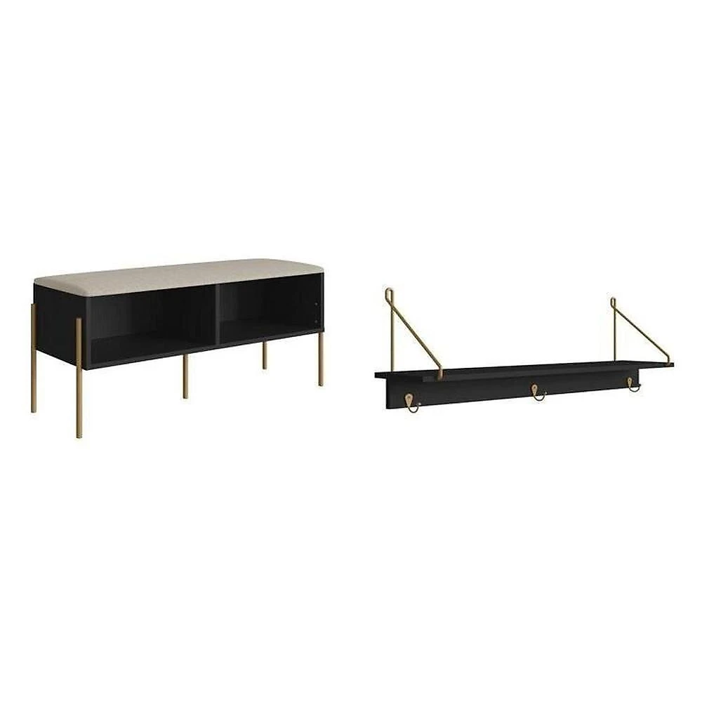 Conjunto Sapateira Banco Estofada e Prateleira Pé Metal Oslo Nero/Dourado