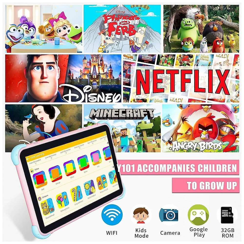 Tablet Infantil 10 Android com Controle de Pais, WiFi e Câmera Dupla, 32 GB, YINOCHE, Rosa