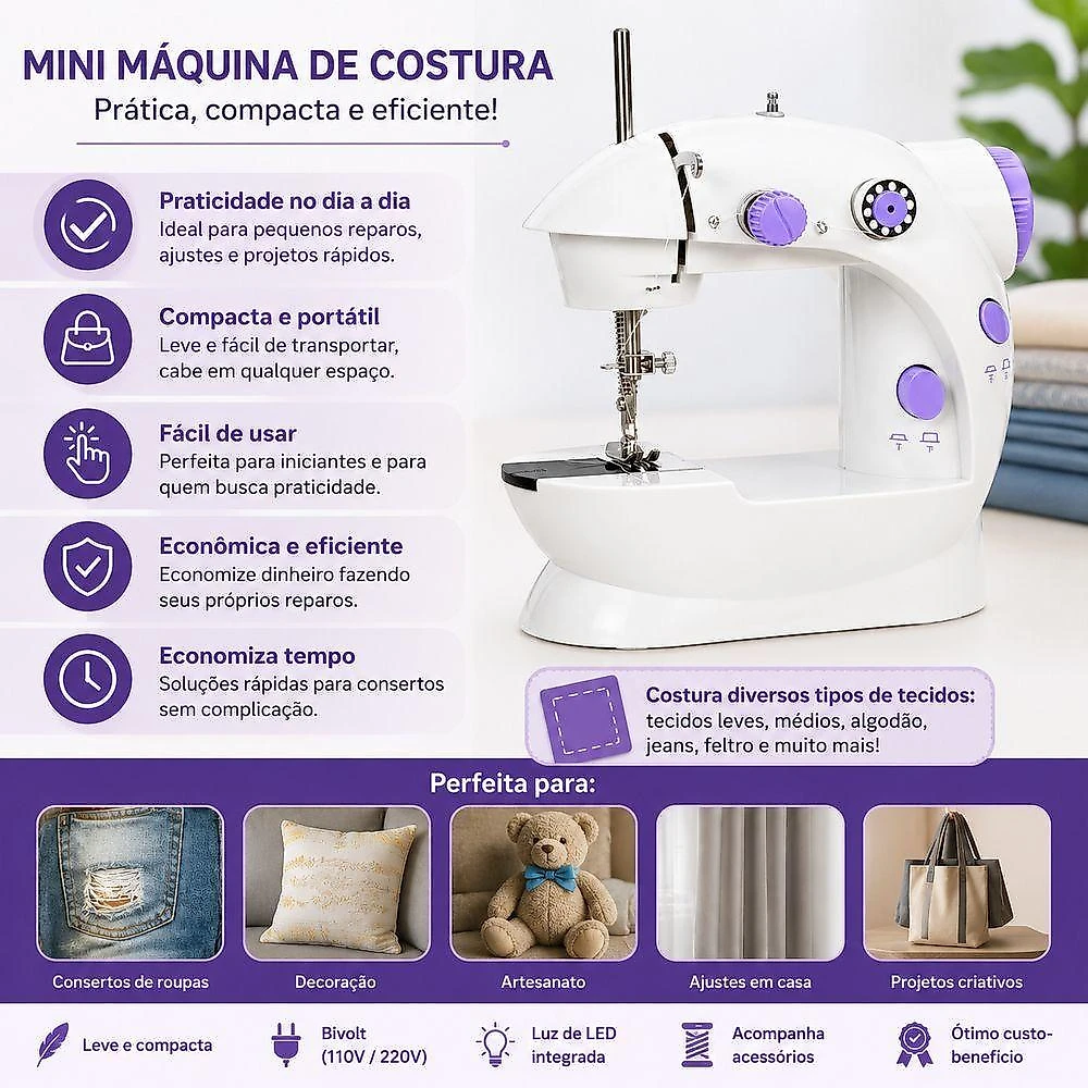 Mini Máquina de Costura Portátil Elétrica com LED e Pedal e Duas Velocidades Bivolt