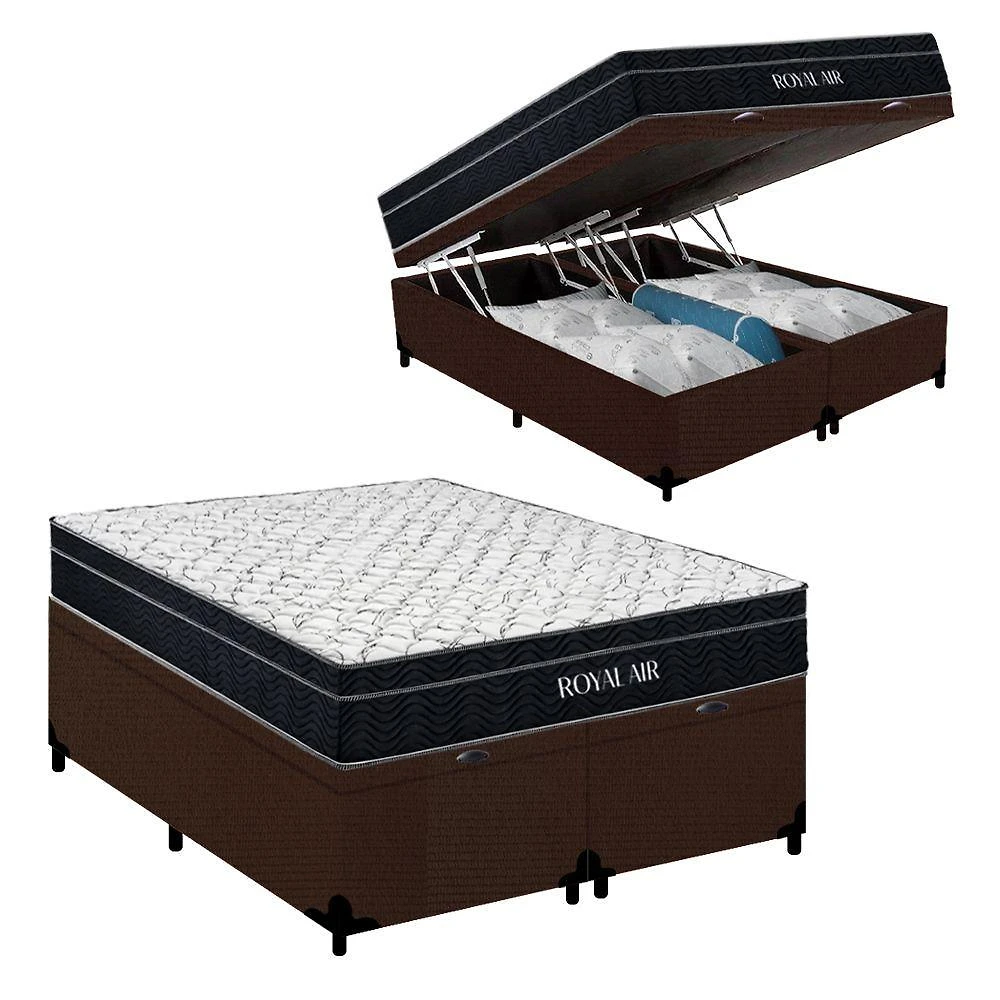 Cama Box Baú Casal 138cm Royal Air com Colchão Molas Ensacadas Suede Marrom Royal