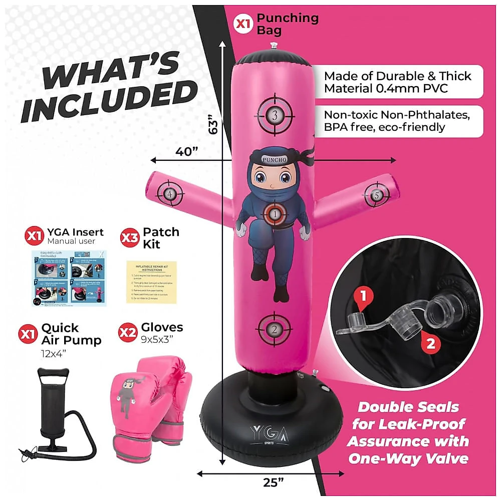 YGA Sports Puncho: Kit Completo de Bolsa de Pancadas Inflável Infantil com Luvas, Bomba e eBook - Rosa