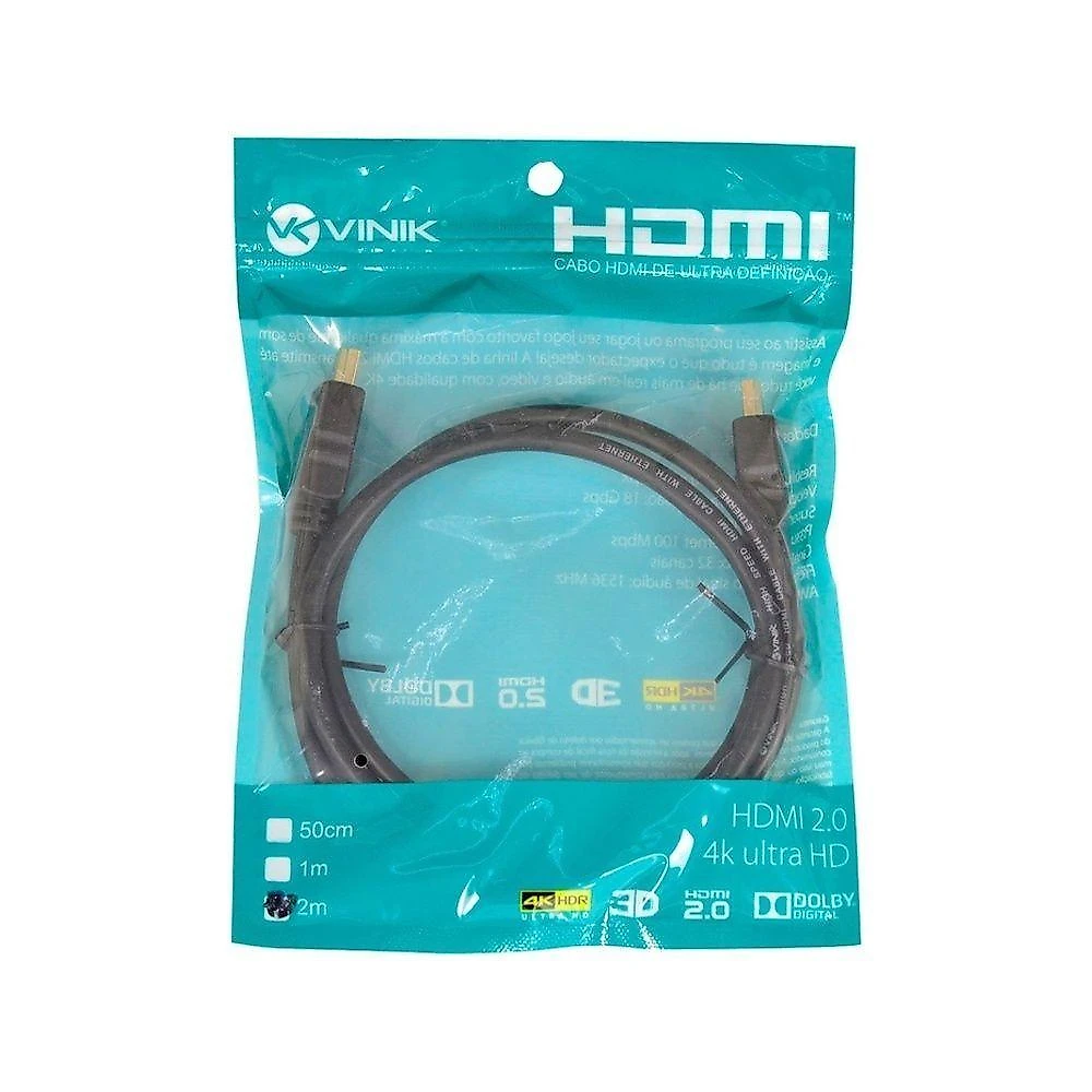 Cabo HDMI Cabo Hdmi 2.0 4k Ultra Hd 3d 2m com 4K 18 Gbps Preto Vinik