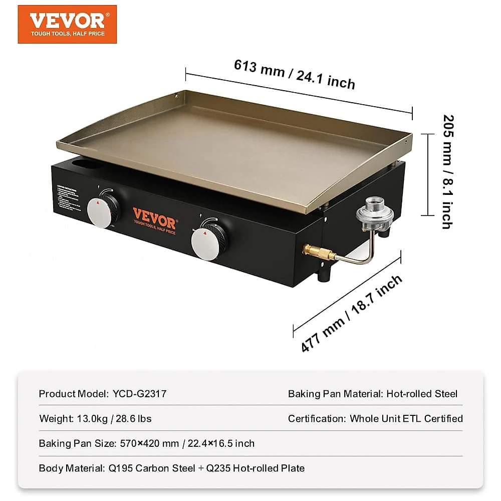 Chapa de Gás VEVOR 57 cm Preta 2 Queimadores 13.000 BTU Portátil Antiaderente