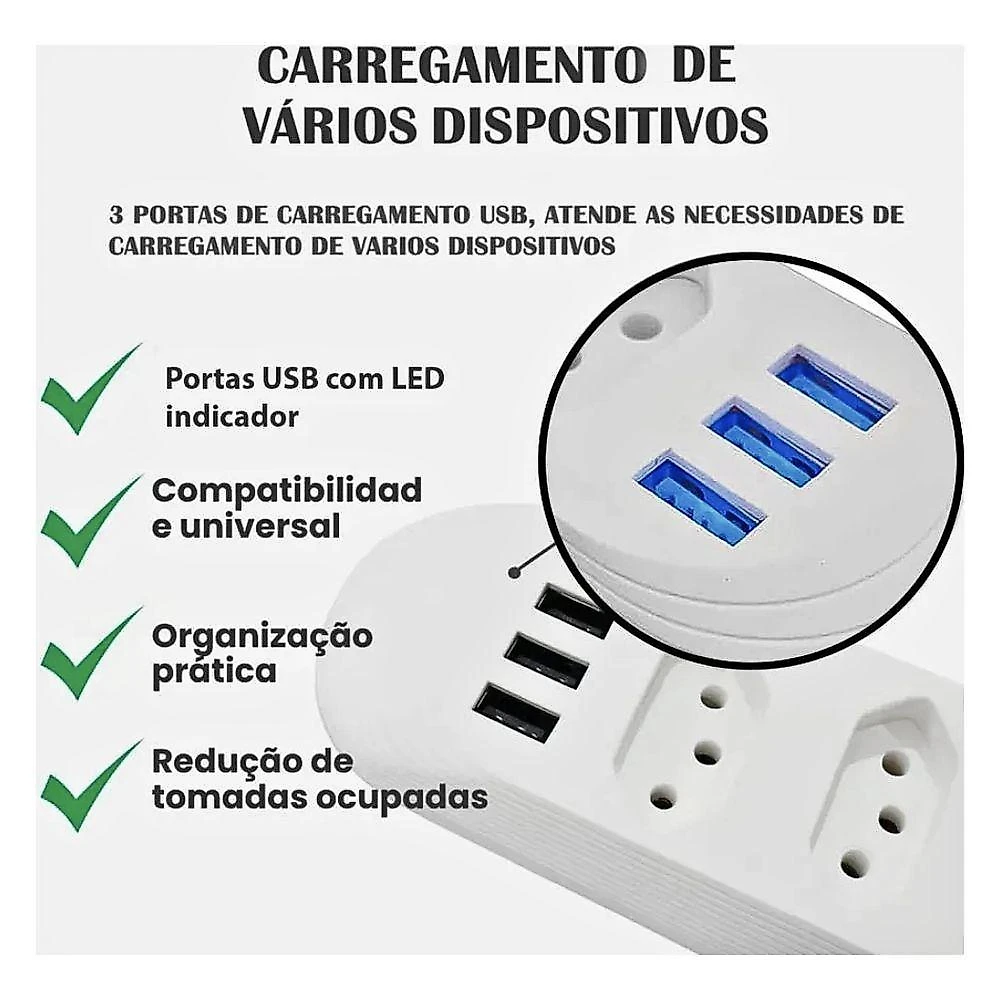 Filtro de Linha KA-7002 4 Tomadas e 3 USB Bivolt 2M Branco Kapbom