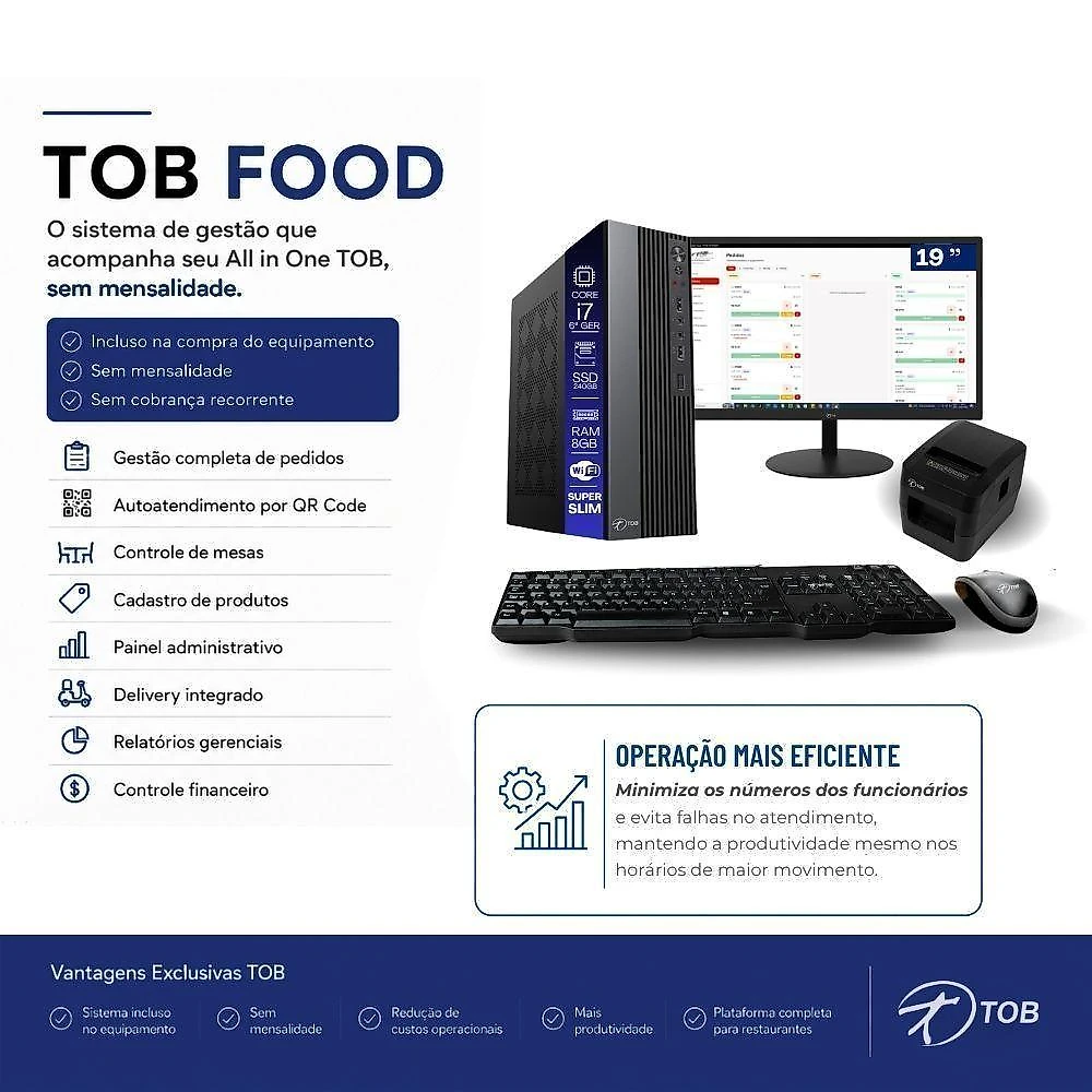 Computador PDV Core I7 6aG 8GB SSD 240GB Sistema TOB Food Embarcado com Impressora e Monitor Tob