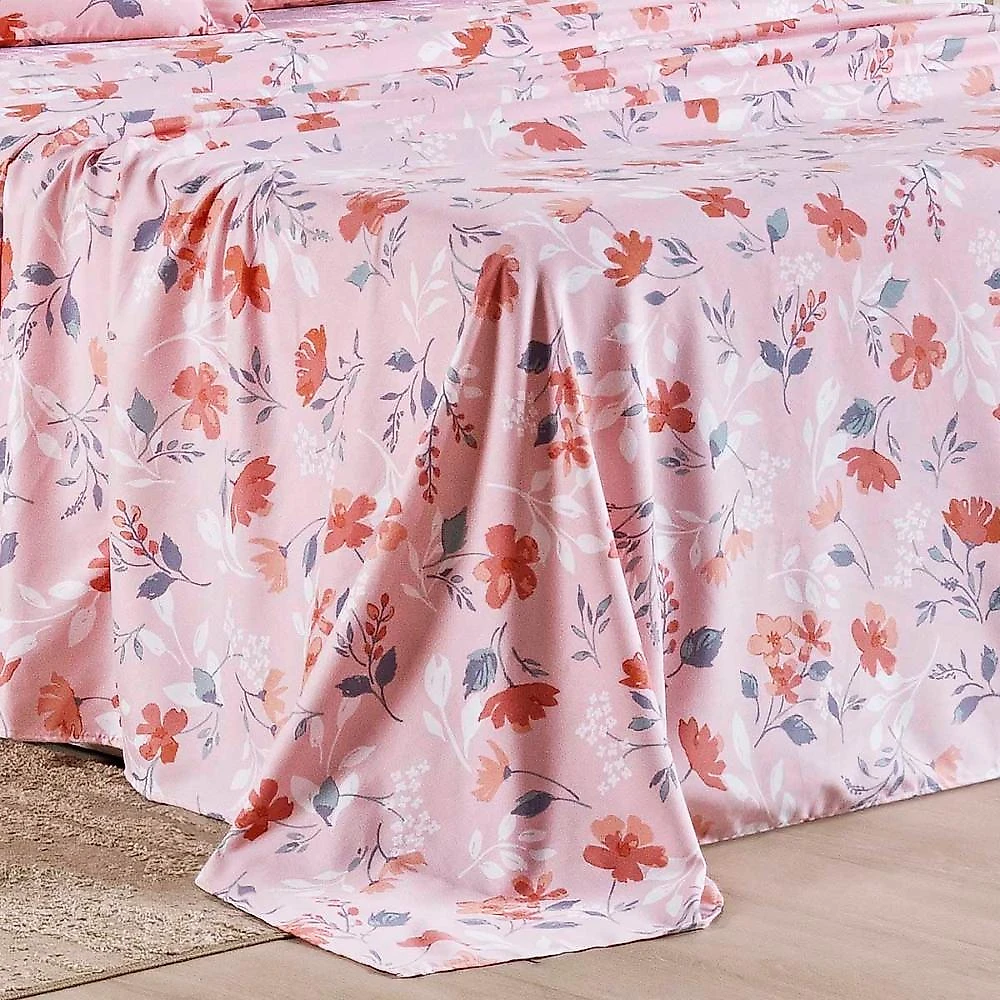 Jogo cama lençol belle queen 400 fios estampado 4 peças floral rosê 