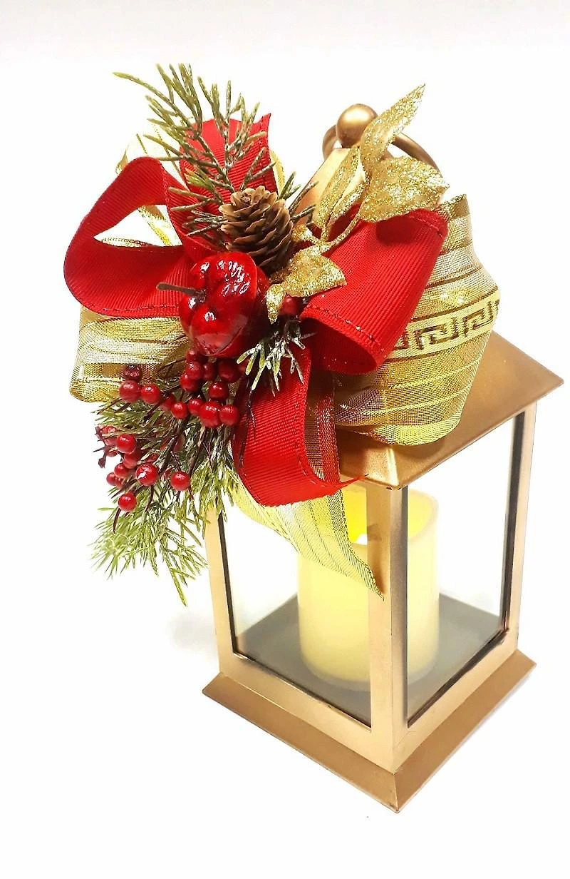 Miniatura Lampião 24Cm Dourado Com Vela Led E Enfeite Natalino
