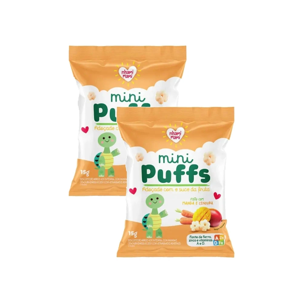 Kit 2 Biscoito de Arroz Nhami Mami Mini Puffs Feito com Manga e Cenoura 15g