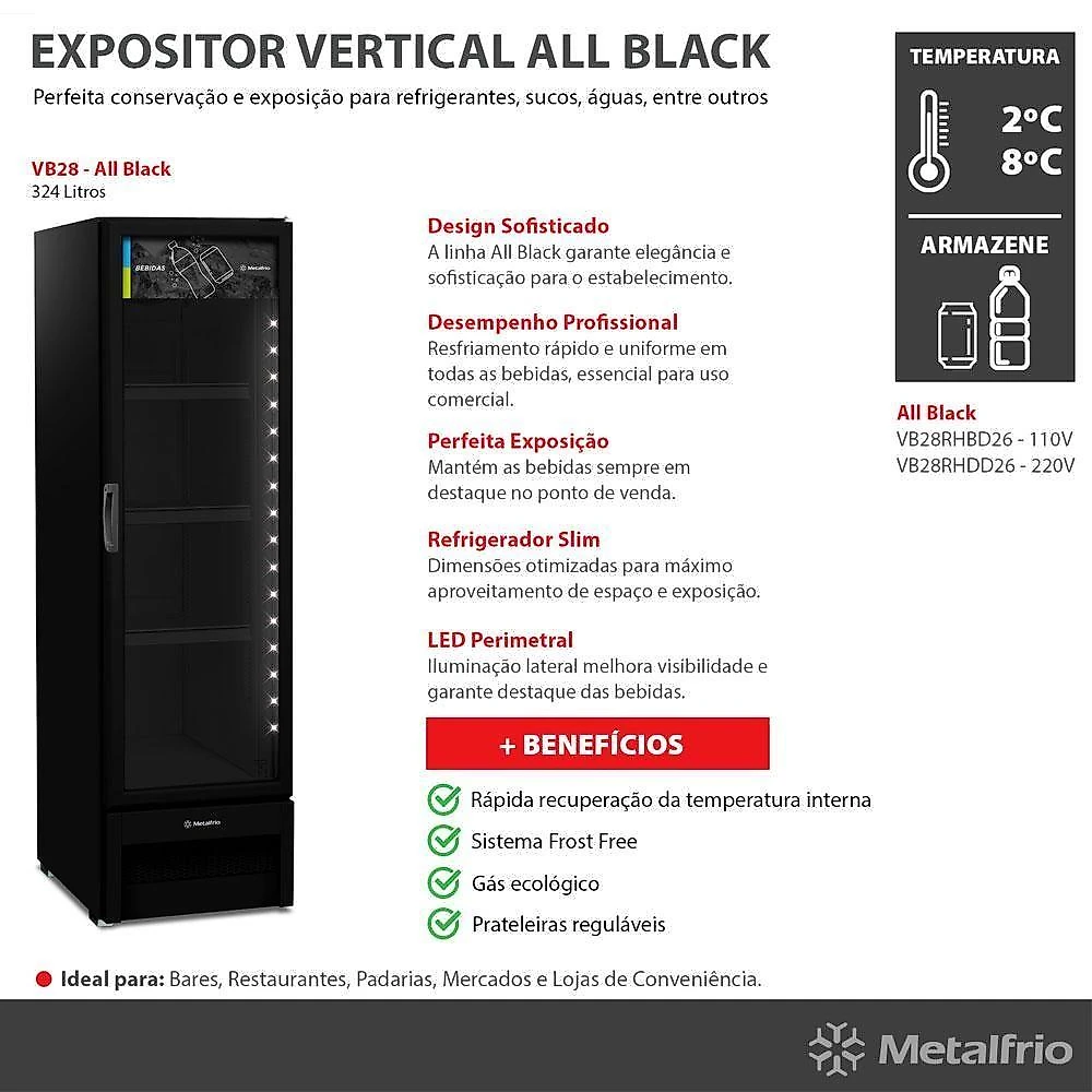 Visa Cooler Refrigerador Multiuso Expositor Vertical 296l Vb28rh All Black 220v - Metalfrio 220v