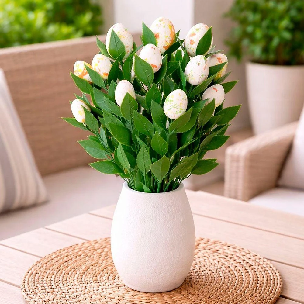 Galho Artificial Decorativo Galho de Páscoa com Ovinhos Coloridos Verde 50cm Kit 14 Peças