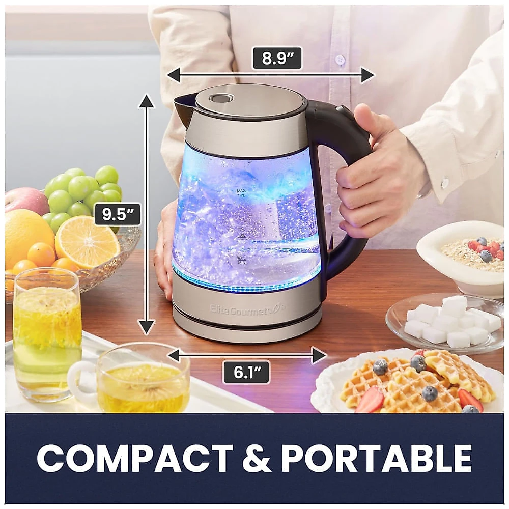 Chaleira Elétrica Elite Gourmet EKT602 de Vidro Livre de BPA, Base 360 sem Fio, Design com LED Azul Estiloso, Função de Desligamento Automático - 1,7L
