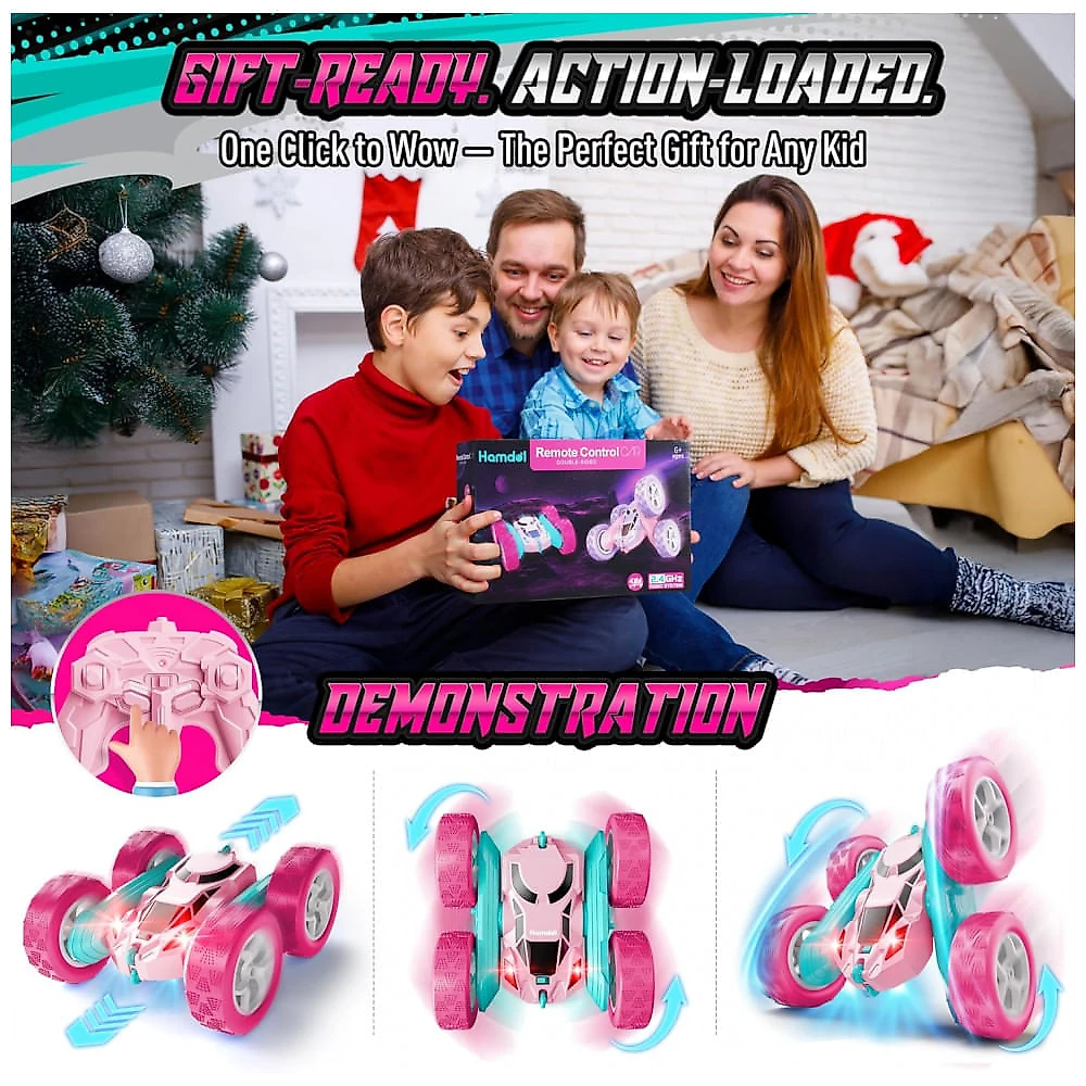 Carrinho de controle remoto STEM Hamdol Pink RC dupla face com luzes LED e giros 360°
