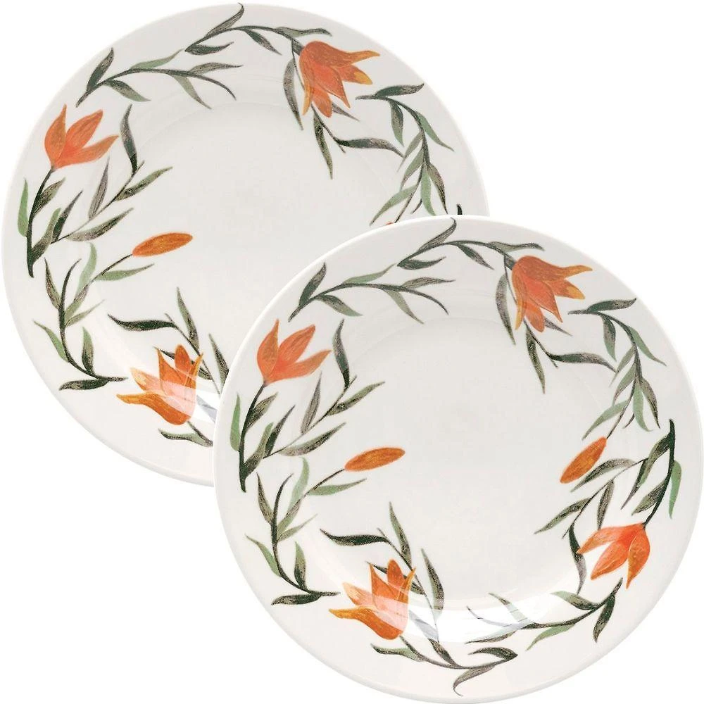 Jogo de Pratos Rasos para Jantar Donna Lírios 12 Peças Cerâmica Floral Laranja Branco e Verde Biona