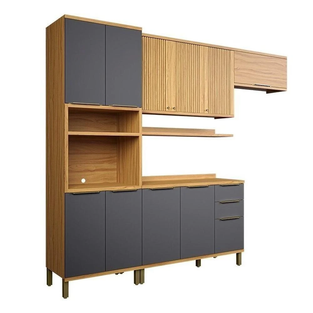 Miniatura Cozinha Modulada Compacta 270cm 4 Peças 10 Portas com Tampo 100% MDF Noruega Fresada Espresso Móveis Amêndoa/Chumbo