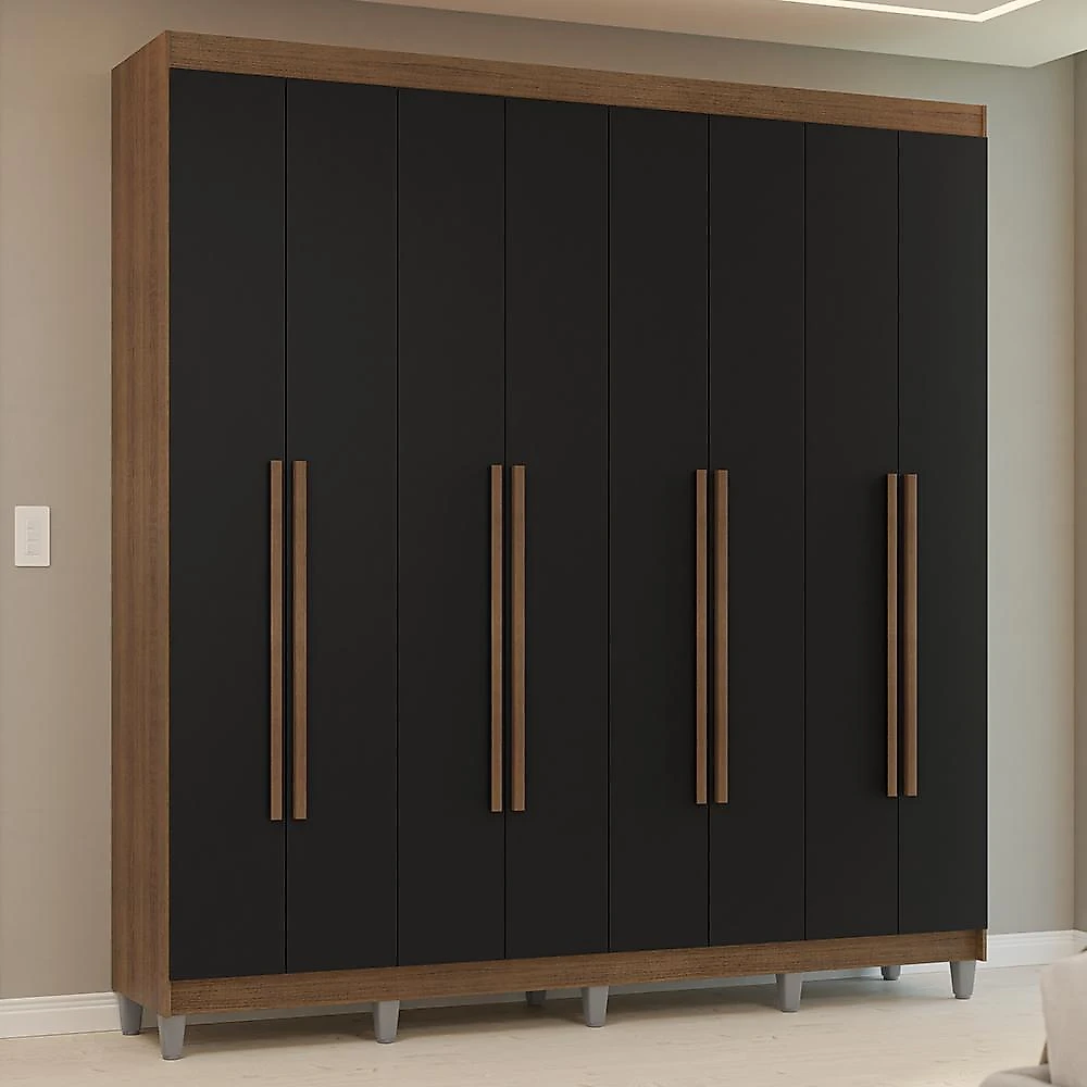 Guarda-roupa casal com pés 8 portas batentes rustic/preto/rustic venus madesa