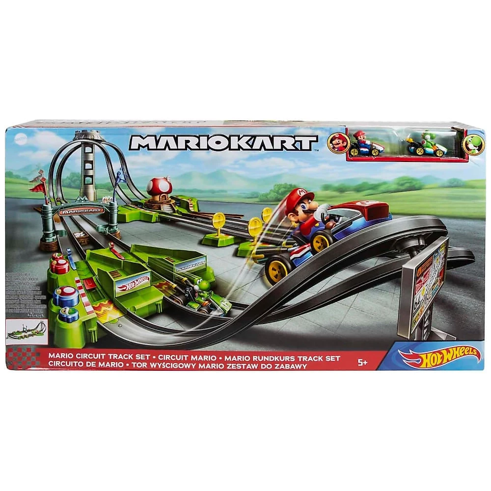 Pista Hot Wheels Mario Kart Circuit com 2 Veículos, Inclui Booster e Karts do Mario e Yoshi, Playset de Corrida 110v