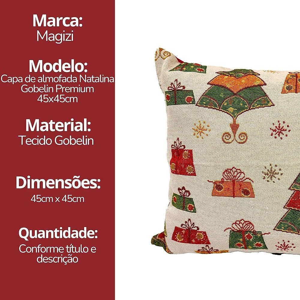 Capa de Almofada Natalina com Enchimento Gobelin Pinheiros e Presentes Vermelho Yangzi 45CM