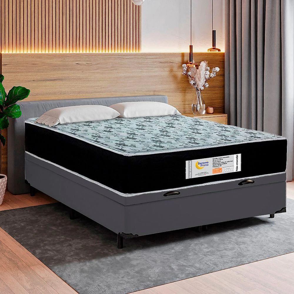 Cama Box Baú Casal Sintético + Colchão Molas Ensacadas Sereneprime Sonnolux 138x188x69 Cinza