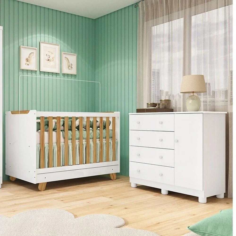 Quarto de Bebê com Cômoda 1 Porta e Berço 4 em 1 Minicama 100% MDF Mike Espresso Móveis Branco Brilho/Amêndoa