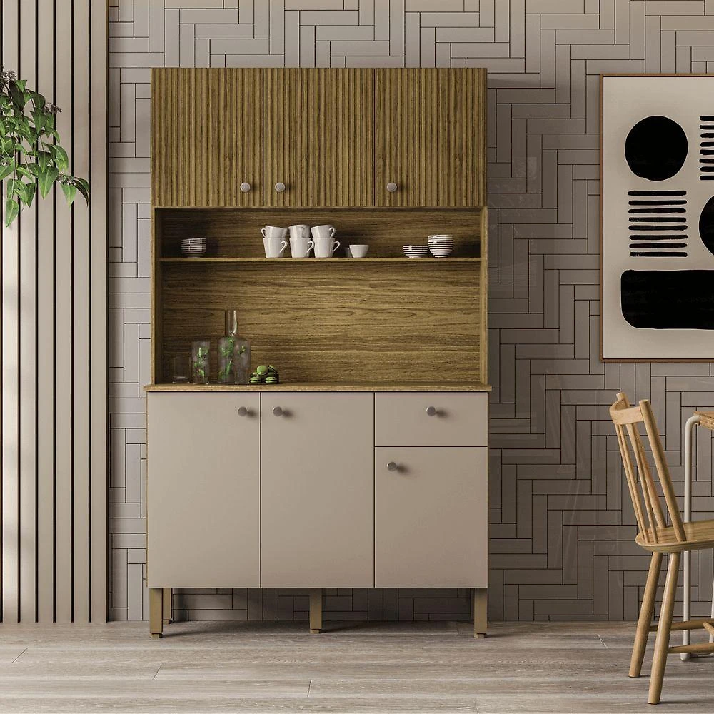 Armário de Cozinha Lusso 6 Portas 1 Gaveta Vanilla Ripado Marrom Kit's Paraná