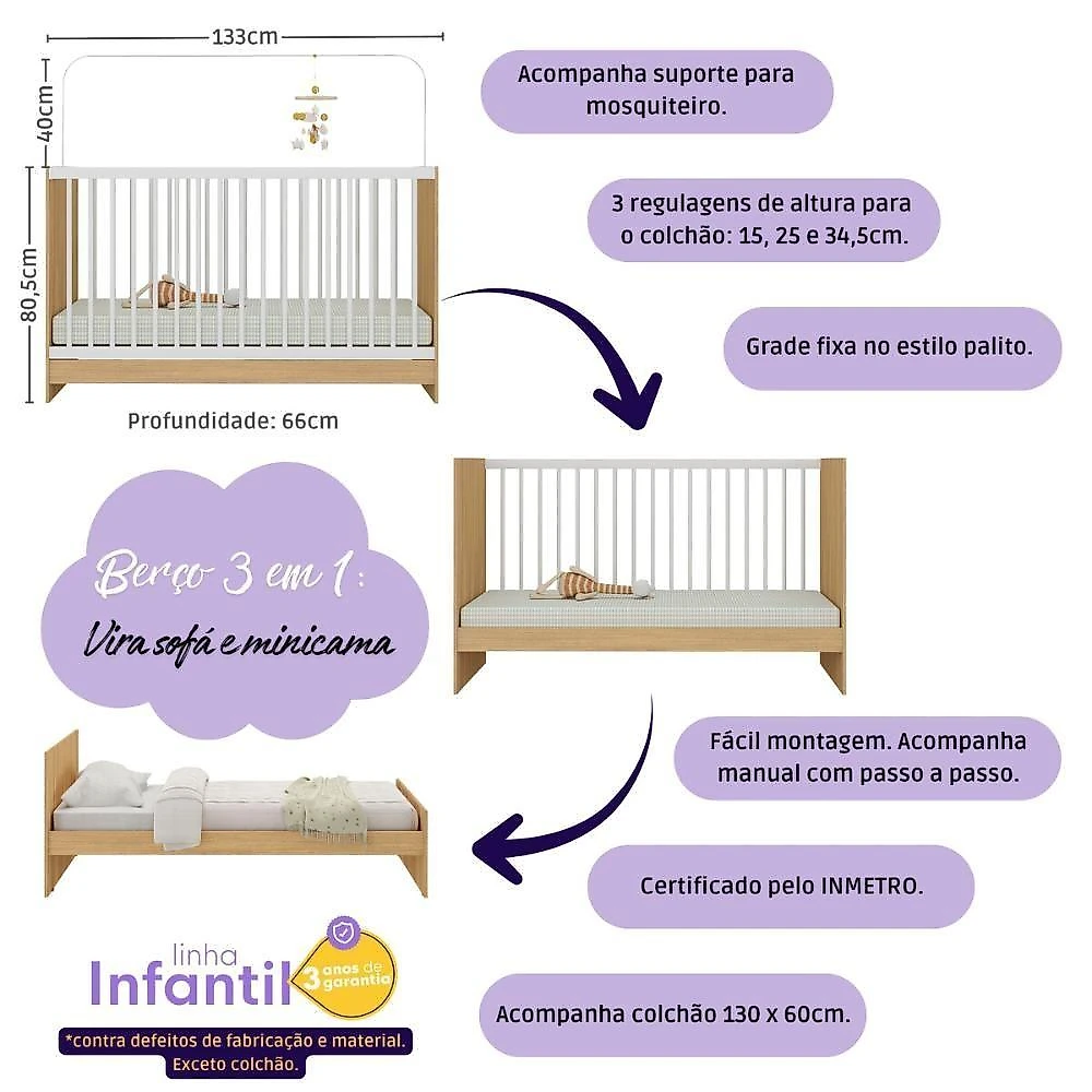 Quarto De Bebê Completo Com Berço 3 Em 1 Com Colchão Incluso Luna Multimóveis MP4536 Madeirado-branco