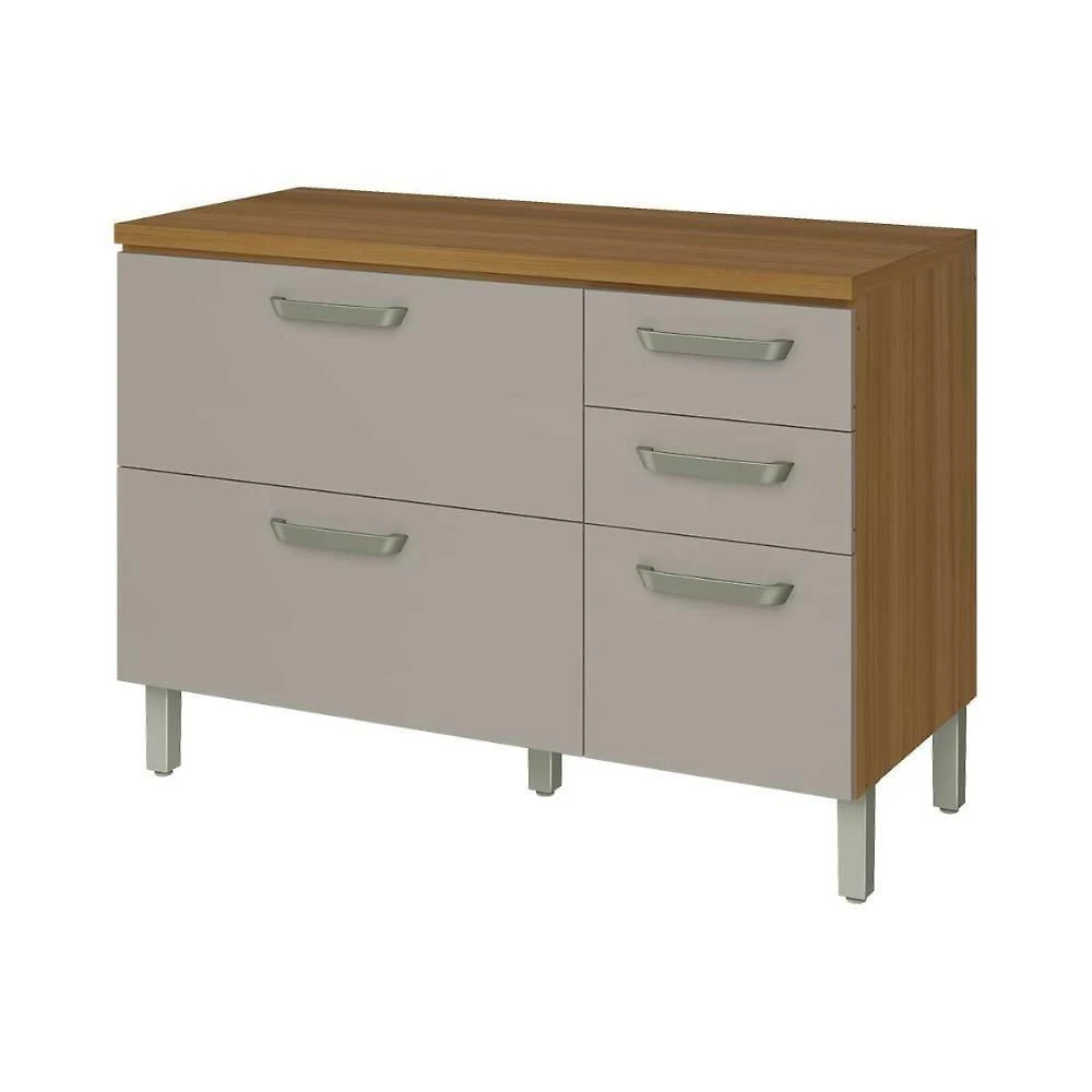 Gabinete De Cozinha Modulado Balcão Com Tampo Princesa Com 2 Portas E 3 Gavetas 120cm Freijó Off White