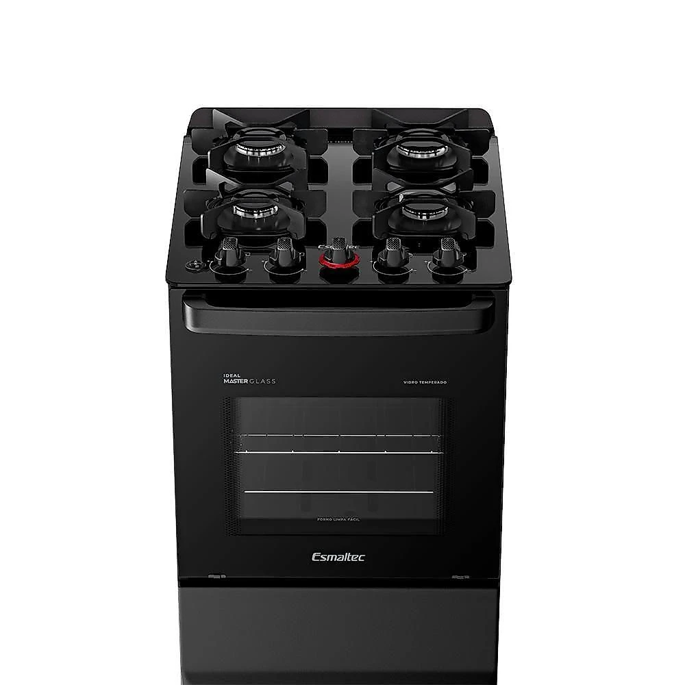 Fogão A Gás Mesa De Vidro Forno 50L Esmaltec Ideal Master Glass Preto 4 Bocas Bivolt
