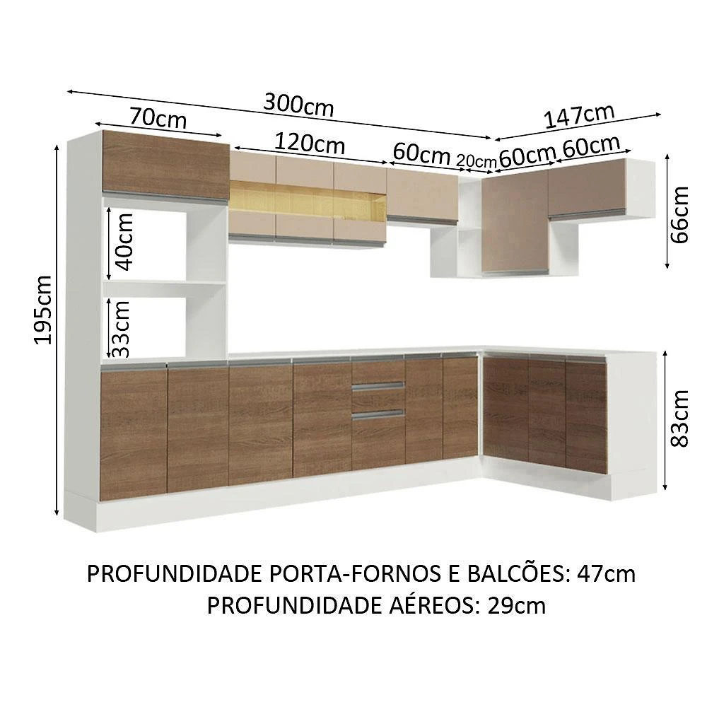 Miniatura Cozinha Completa 100% MDF Madesa Smart de Canto - Branco/Rustic/Crema Branco/Rustic/Crema