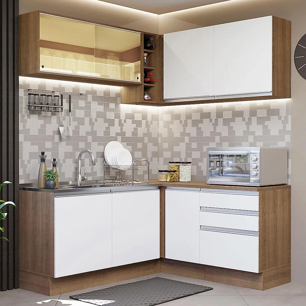 Cozinha completa de canto madesa glamy 329002 com armário e balcão (sem tampo e pia) - rustic/branco