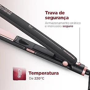 Chapinha | Prancha Mondial P-27 com Chapas de Cerâmica 220°C com Emissão de Íons Black Rose - Bivolt