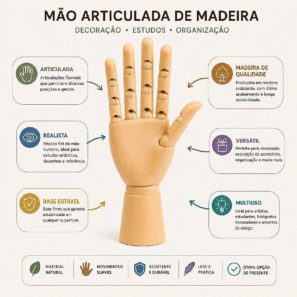 Mão Manequim Articulada Madeira Grande 30cm para Desenho Artístico e Estudos Marrom