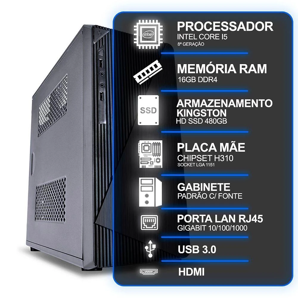 Computador Desktop Slim Intel Core I5 8a Geração 16GB Ram SSD 480GB