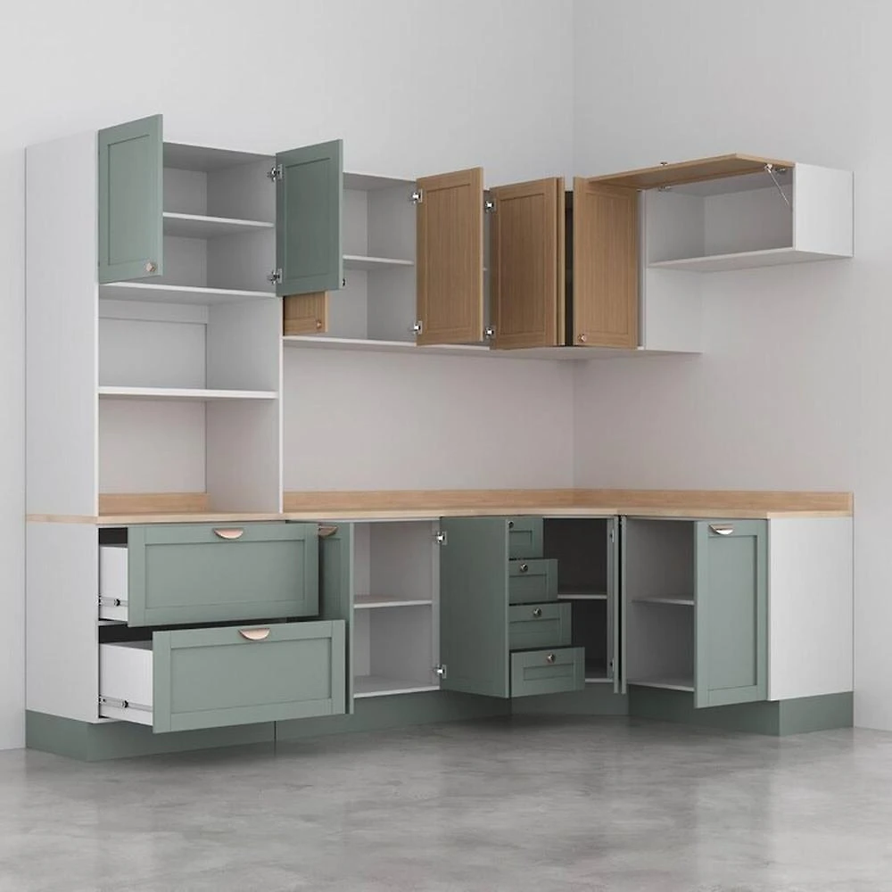 Miniatura Cozinha Modulada 7 Peças com Tampo 1 Torre 3 Aéreos 3 Balcões Arizona Cabecasa Madeiramadeira Figueira/Menta