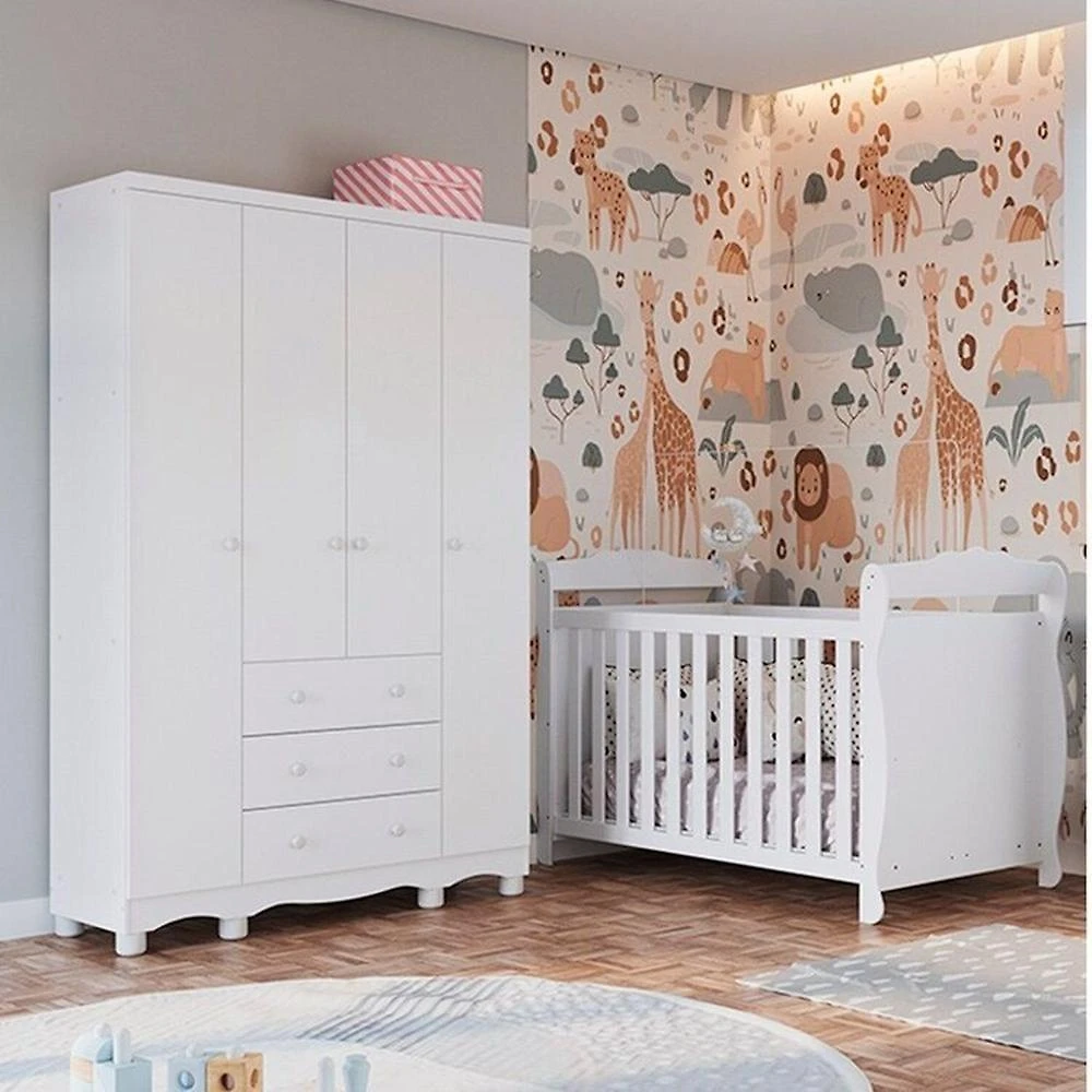 Quarto de Bebê com Guarda-roupa 4 Portas e Berço Minicama 100% Mdf Nina Espresso Móveis