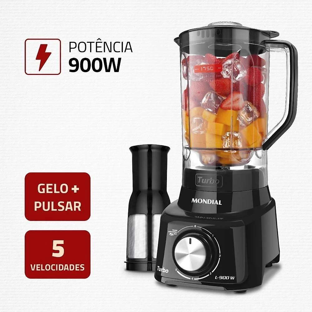 Liquidificador Mondial Turbo Full L-900 FB 900W 2,7L Filtro Inox 5 Velocidades Preto 220V