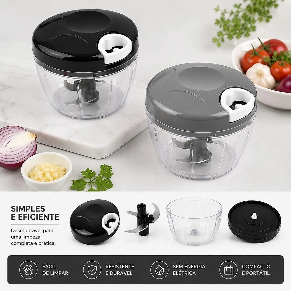 Processador Manual de Alimentos Processador 500ML com 3 Lâminas em Aço Inox Plástico PS Branco Yeet